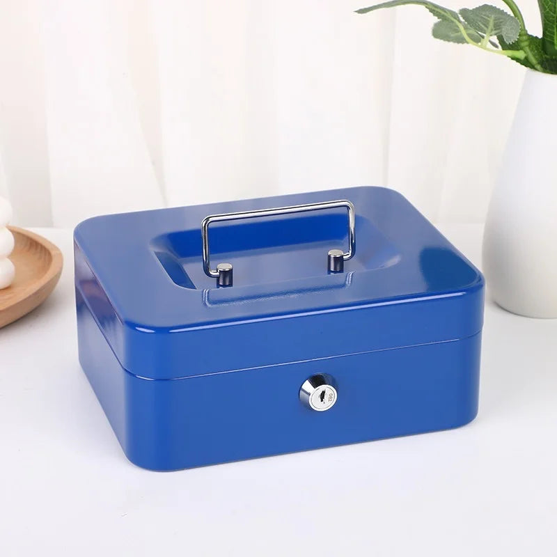 A blue portable metal cash box with a silver lock and keys is shown on a white surface.