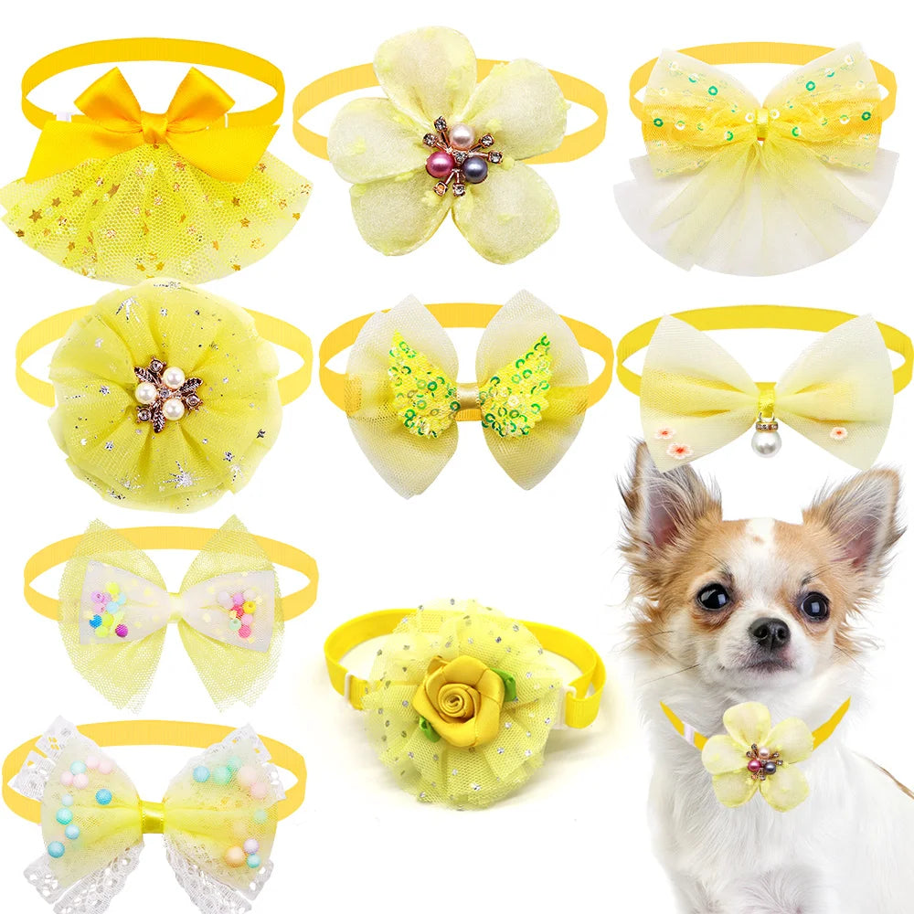 Yellow lace bowtie collar accessories for small dogs and cats featuring various floral and bow designs