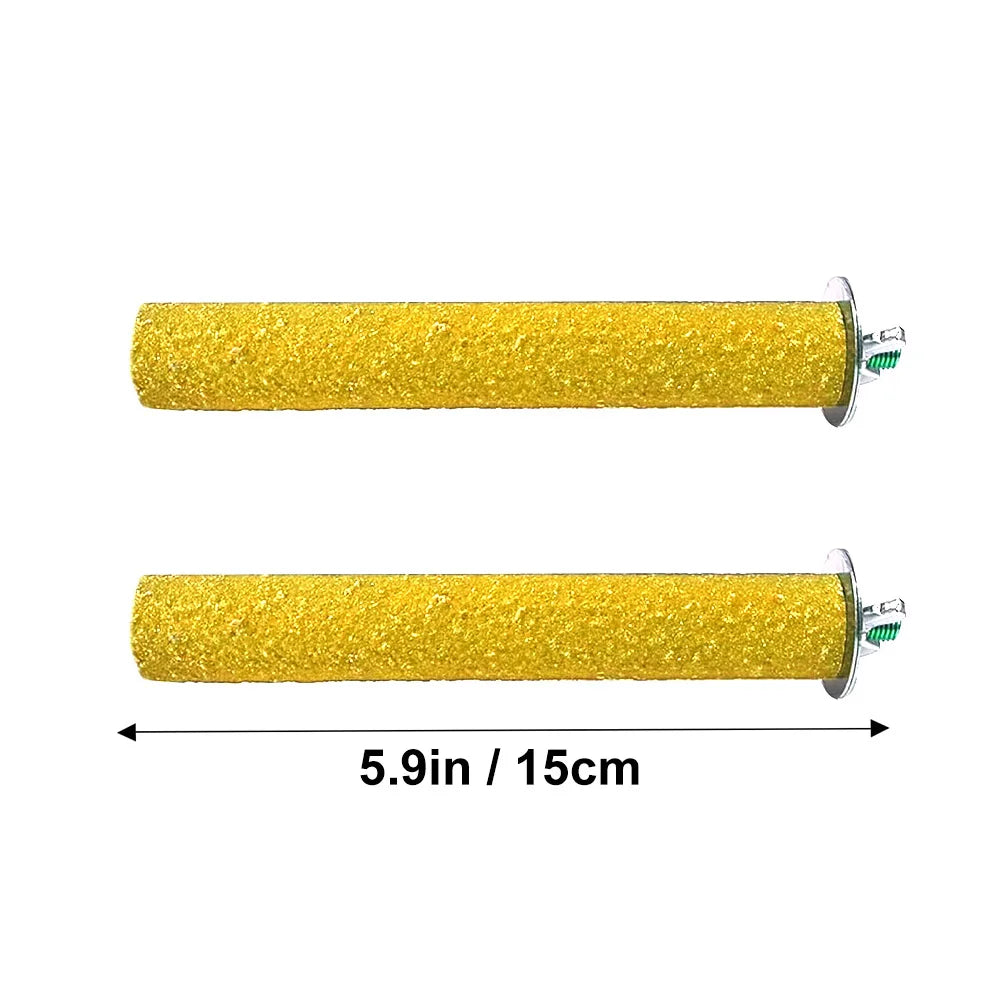 A long, cylindrical natural wooden perch stand for parrots and birds with a yellow glitter finish.