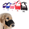 A series of adjustable breathable dog muzzles in various sizes and colors, with a black muzzle visible on a dog's snout.