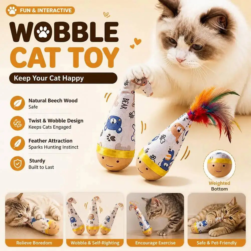 A fluffy cat is playing with a feather wobble toy designed to keep cats happy and engaged.