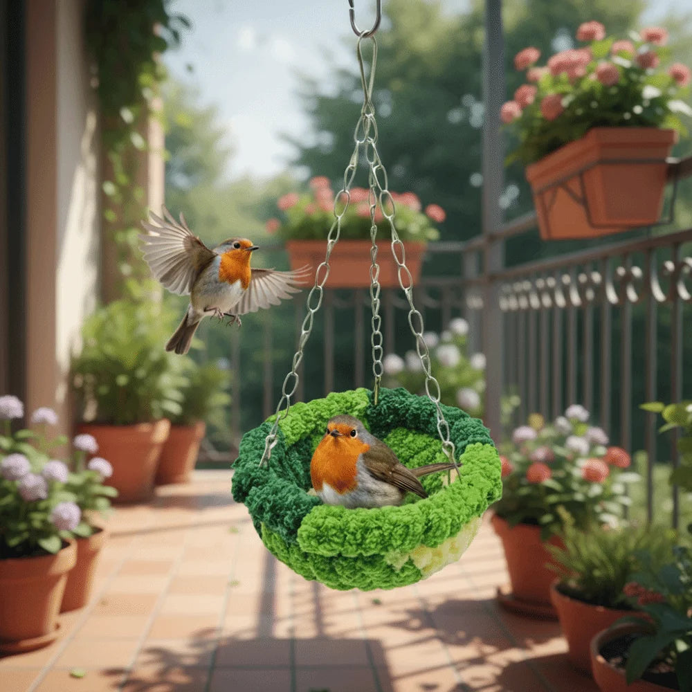 A small bird is perched inside a green hanging hammock for an aviary setup outdoors.
