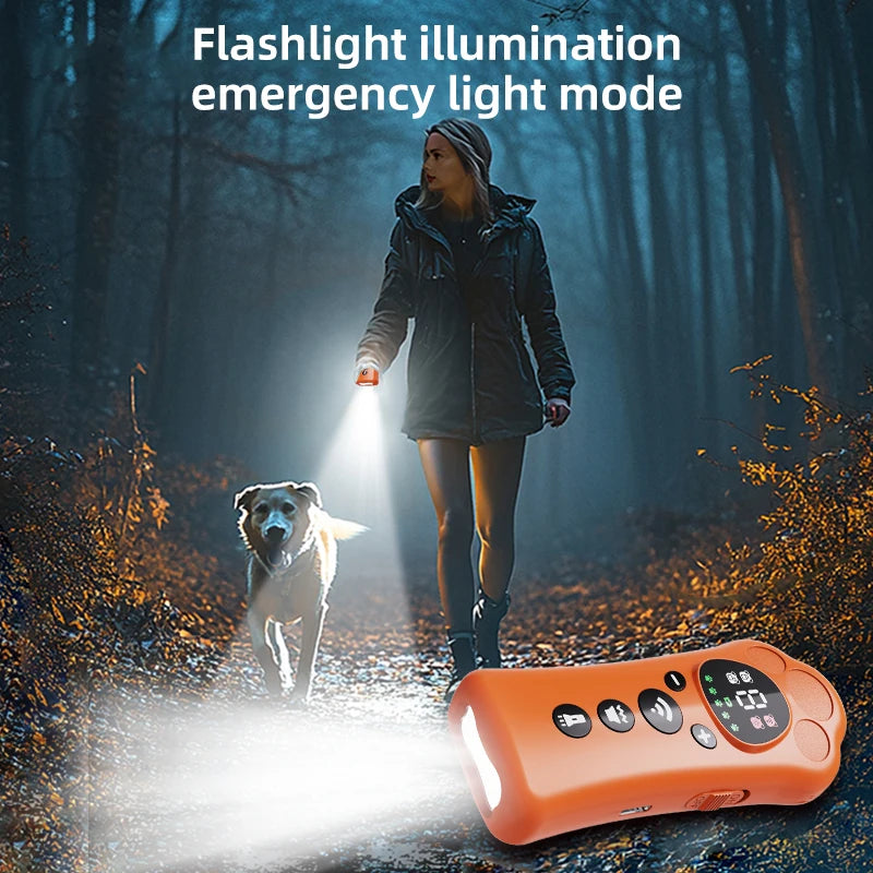 An orange flashlight illuminating a dog in a forest setting, demonstrating emergency light mode.