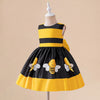 Robe tutu rayée jaune et noir pour filles, présentée sur une mannequin.