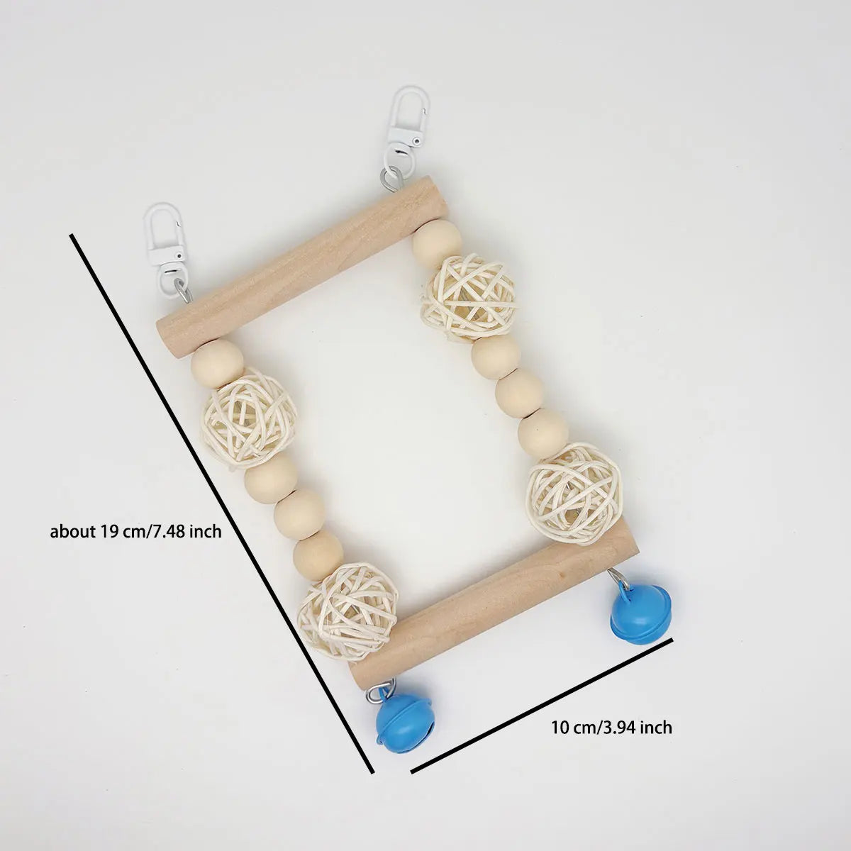 A wooden decorative parrot swing toy featuring light wood and white woven balls for birds.