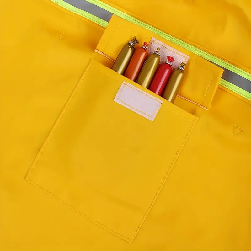 Un impermeable amarillo con un bolsillo transparente que contiene varios bolígrafos de colores y una etiqueta rosa.