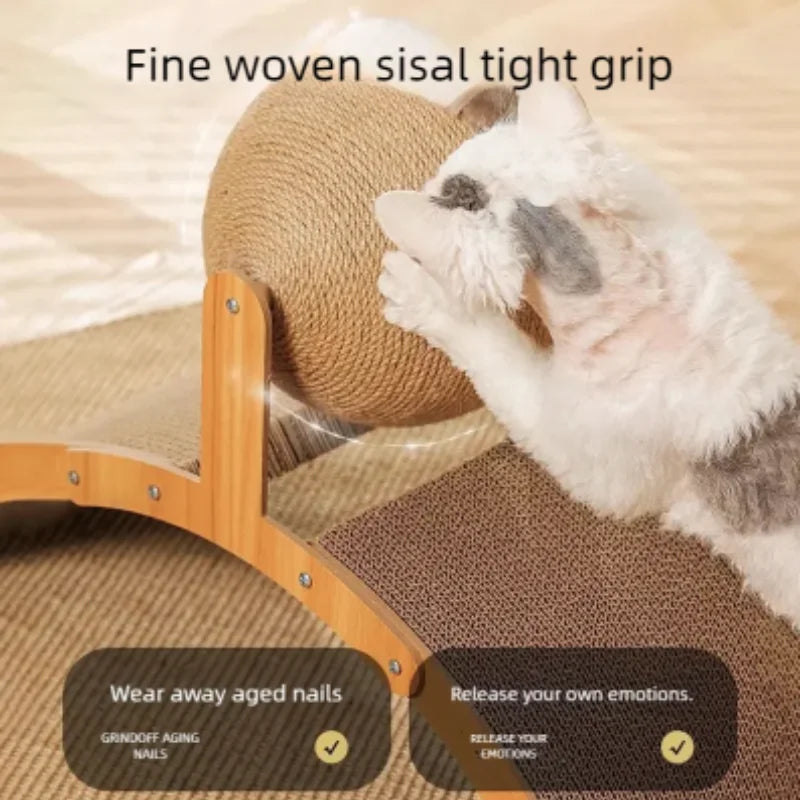 A dog gently grips a woven sisal tight grip cat scratcher ball made of wood.