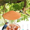 Oranger wasserdichter Vogelfutterspender mit klarem Glas und Metallbasis, von einem Ast hängend.