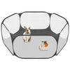 A foldable transparent pet playpen with a black frame and white mesh, containing two small rabbits.
