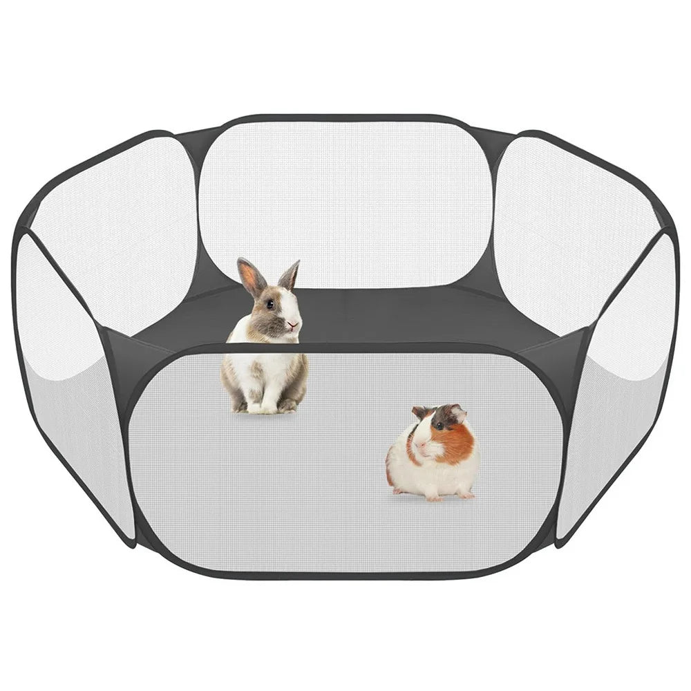 A foldable transparent pet playpen with a black frame and white mesh, containing two small rabbits.