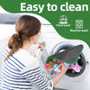 A woman is loading a pet foraging mat into a washing machine, with text indicating easy to clean options.