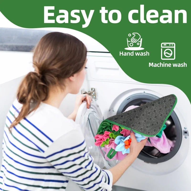 A woman is loading a pet foraging mat into a washing machine, with text indicating easy to clean options.