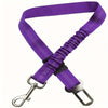Purple reflective dog seat belt with an adjustable nylon harness and metal clasps