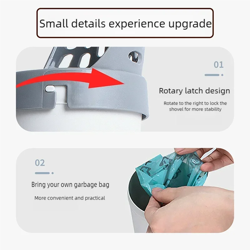 Close-up of a gray integrated cat litter scoop and poop pick-up tool showing its rotary latch design and use with a garbage b