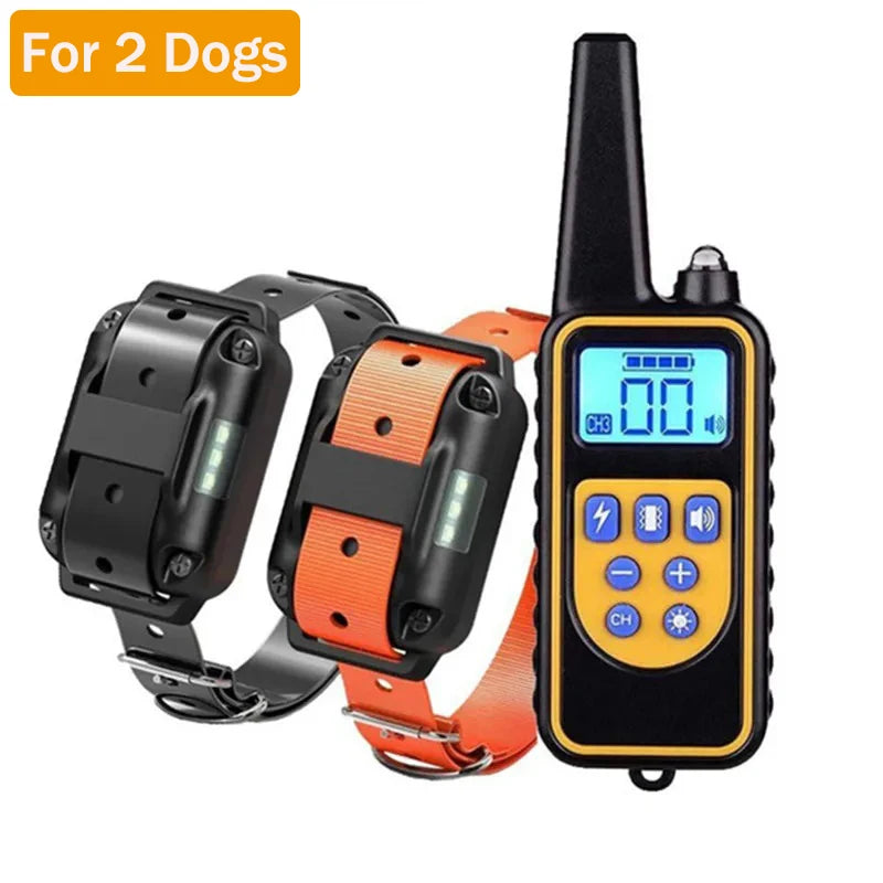 A black waterproof remote dog training collar with an orange strap and a digital display showing 00.