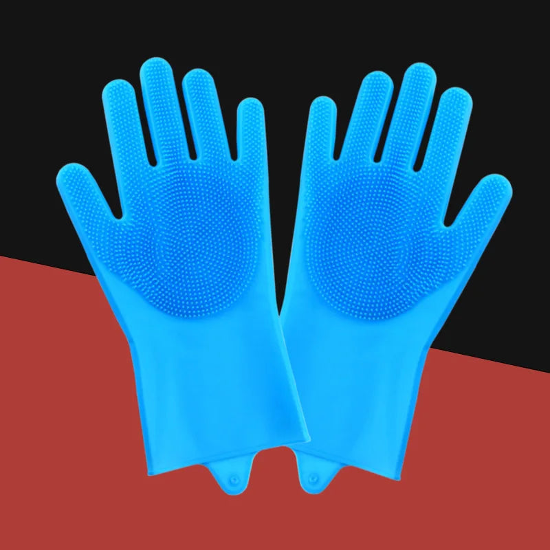 A pair of bright blue pet grooming gloves for dogs and cats shown against a reddish-brown background.