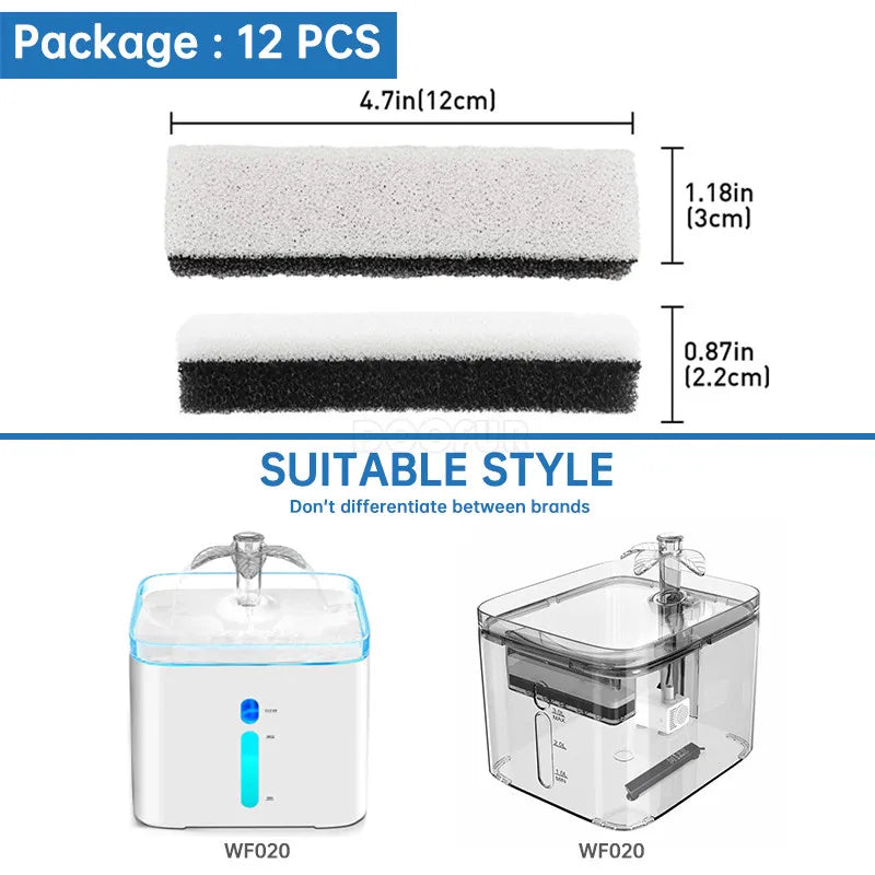Replacement filters for pet water fountains shown in various thicknesses and sizes.