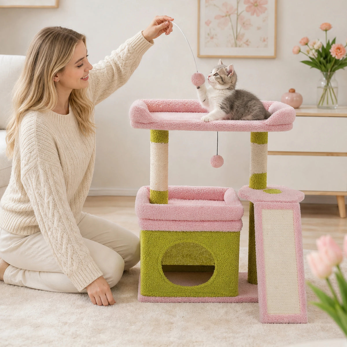 A woman is interacting with a pink cat tree featuring sisal scratching posts and cozy perches, with a kitten perched on one.