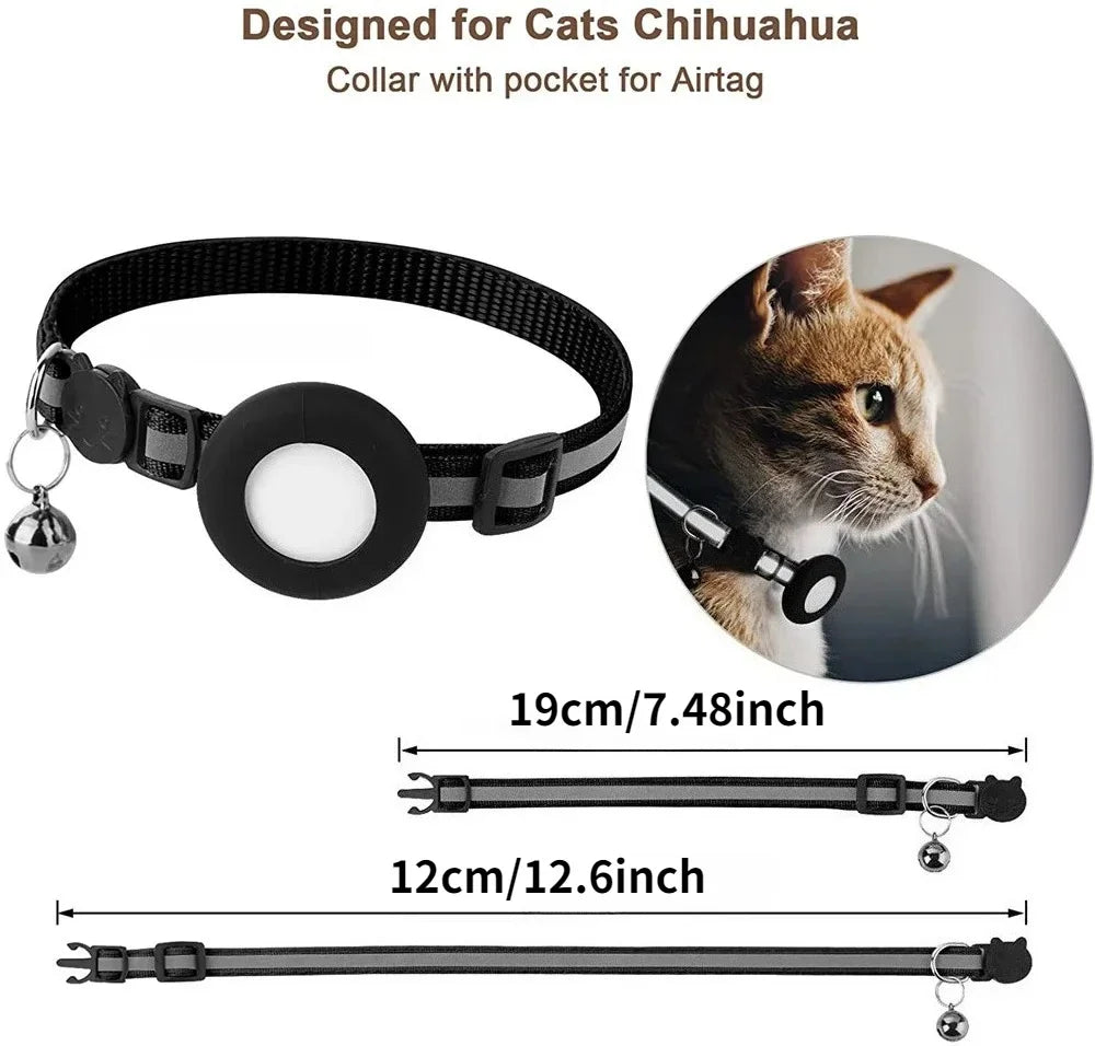 Black reflective cat collar with a pocket for an AirTag and a breakaway buckle.