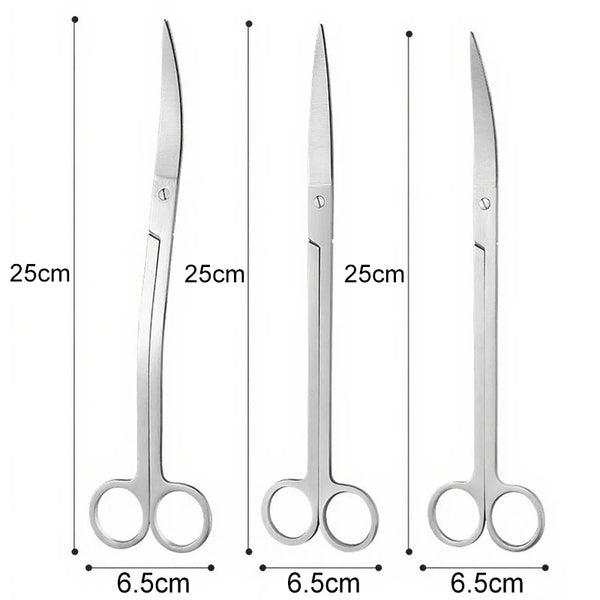 Stainless steel aquarium cleaning tool set with three different sized forceps shown side by side.