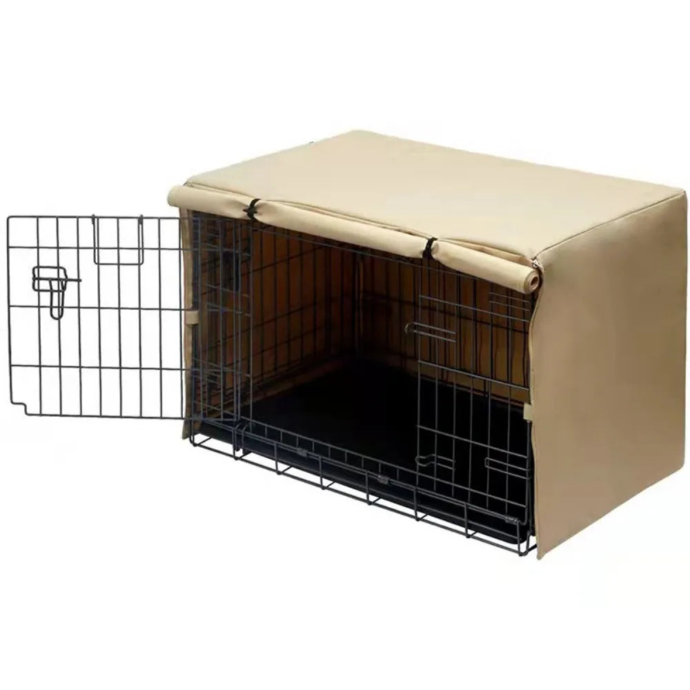 A beige waterproof dog crate cover with a wire mesh door and wooden slats for sun and weather protection.