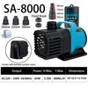 SA-8000 submersible water pump with fixed knob and bottom suction cover shown next to accessories.