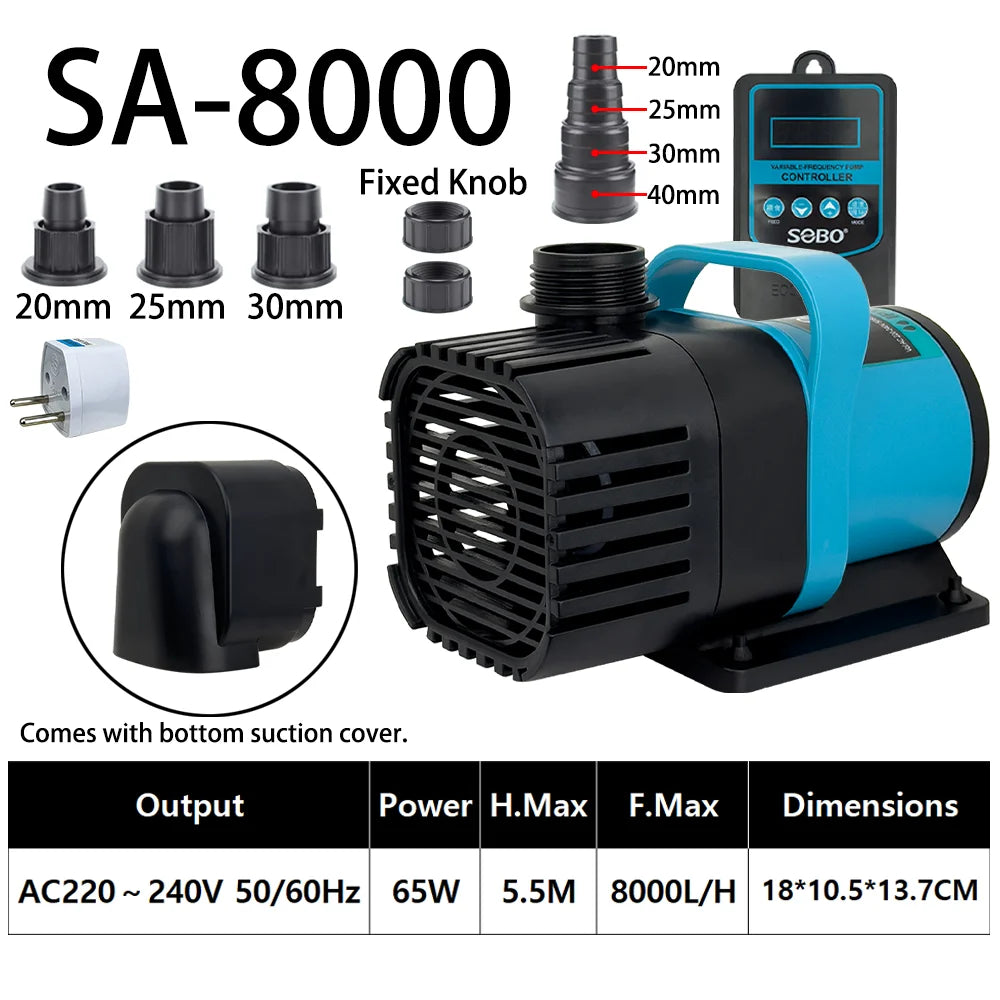 SA-8000 submersible water pump with fixed knob and bottom suction cover shown next to accessories.