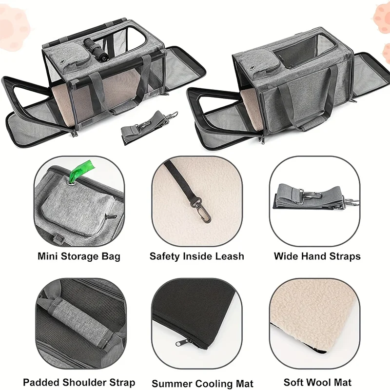 A set of breathable mesh pet carrier bags and accessories including a storage bag, safety leash, hand straps, padded shoulder