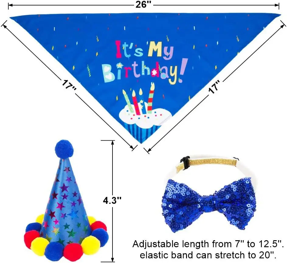 A blue pet birthday outfit set featuring a cone hat and a bow tie with adjustable elastic band.