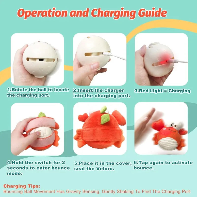Guide showing steps for operation and charging of an interactive crab plush dog toy with a bouncing ball