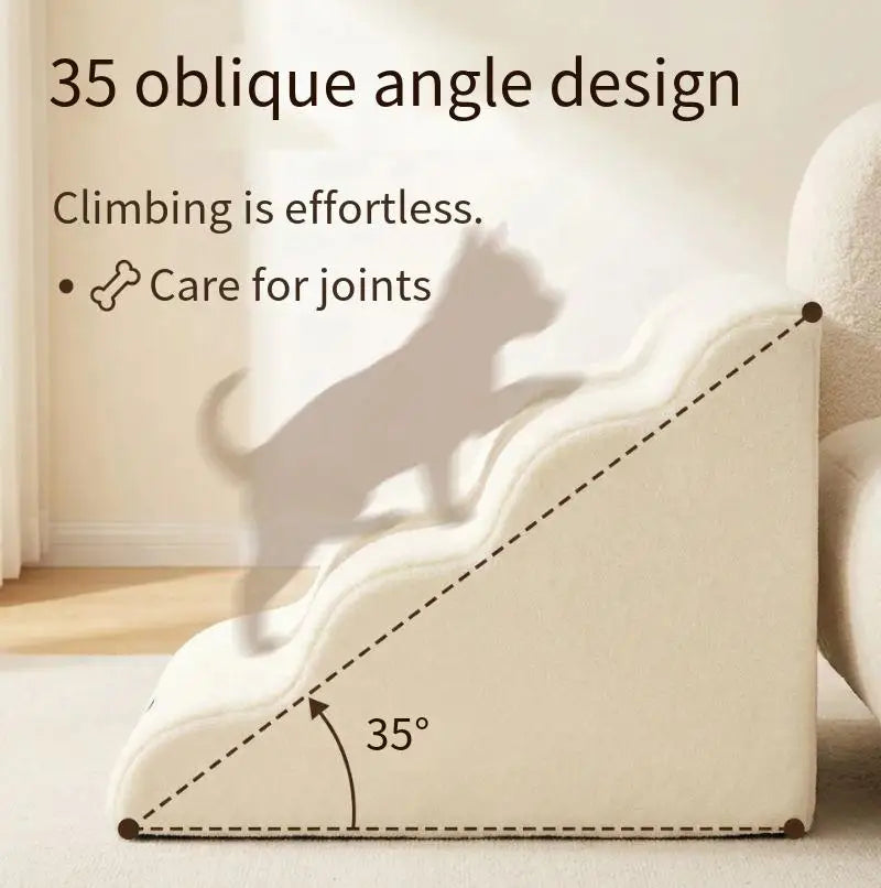 A light beige pet safety climbing stairs designed with a 35-degree oblique angle for easy climbing.