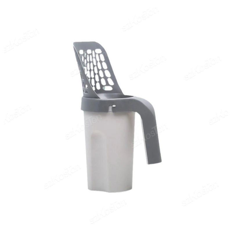 A gray heavy duty cat litter shovel with a mesh top and a white plastic refill bag.