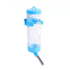 A clear blue hanging drinker bottle designed for small pets.