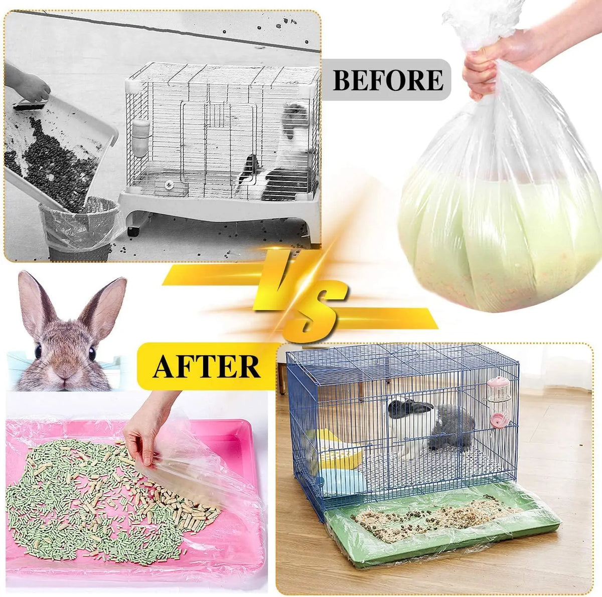 Before and after comparison showing disposable clear plastic cage liners for small pets