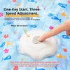 A hand presses a white electronic toy designed for one-key start and three-speed adjustment on a blue fabric background.