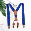 Blue and brown adjustable clip-on suspenders for kids displayed on a white background.