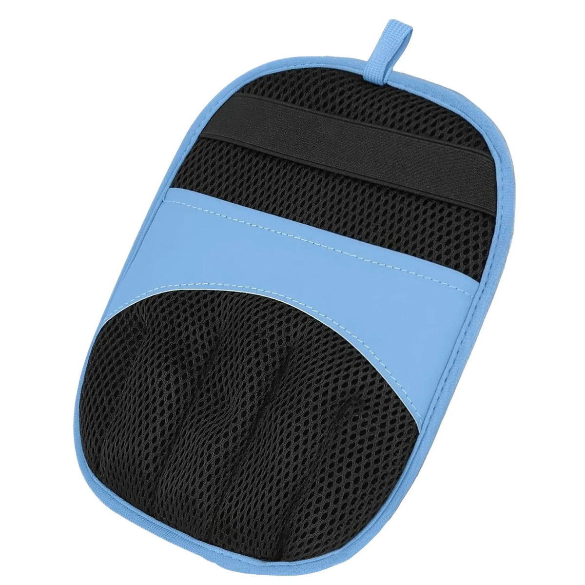 A pair of blue electrostatic pet hair removal gloves with black mesh pads.