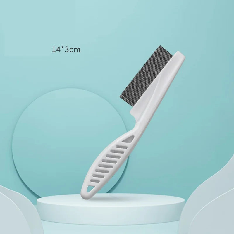 A white pet hair removal slicker brush with a black bristled head is displayed on a light blue background.