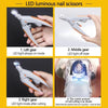 Demonstration of LED luminous nail scissors showing left and middle gears, right gear, and correct posture for nail cutting.