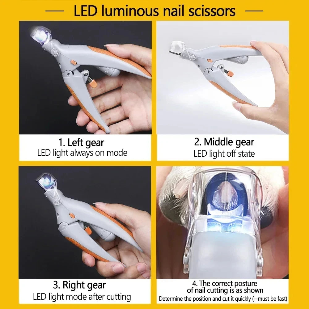 Demonstration of LED luminous nail scissors showing left and middle gears, right gear, and correct posture for nail cutting.