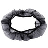 Black breathable nylon mesh bird cage seed guard with a ruffled, circular design