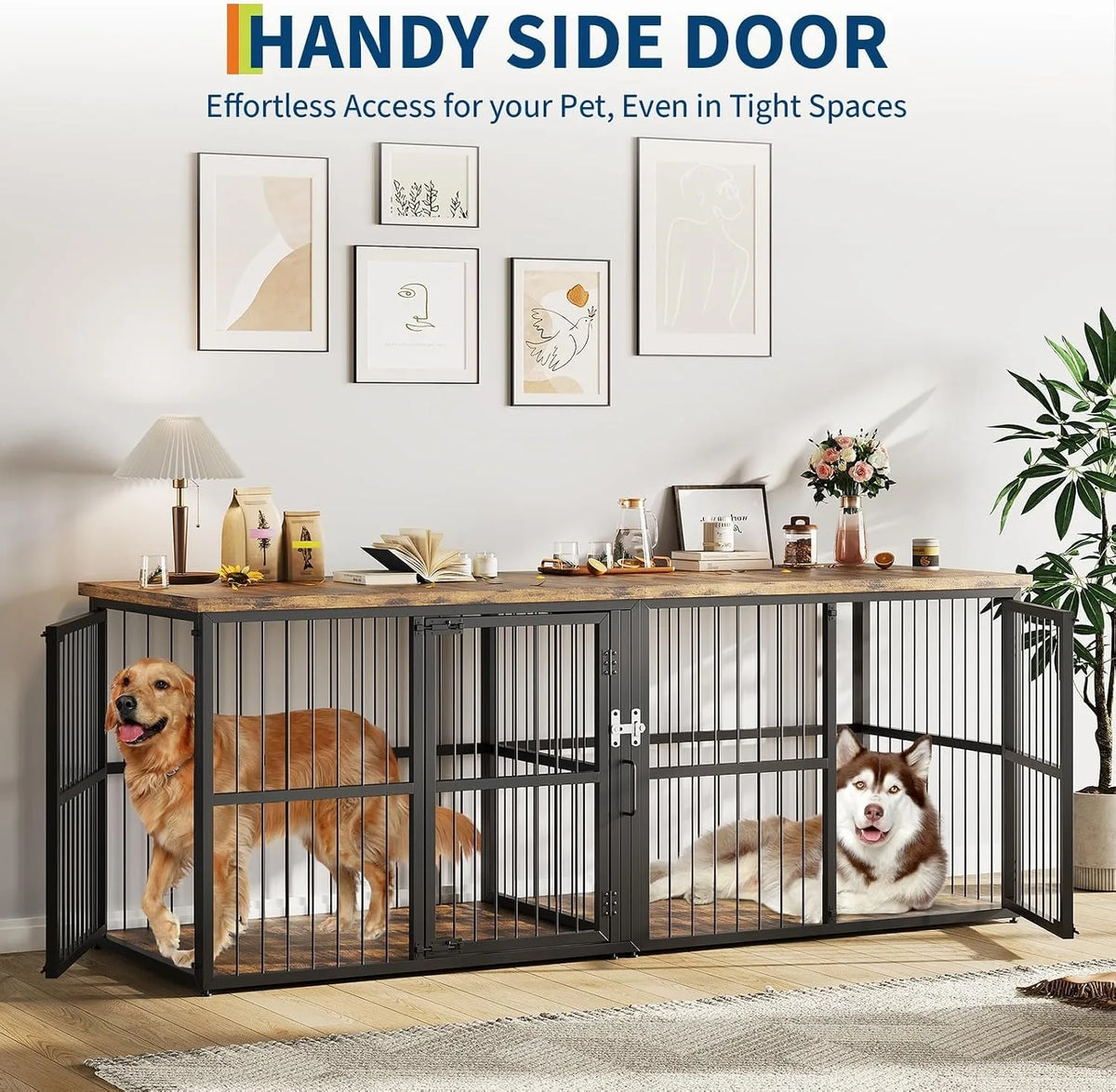 A black wire crate for dogs with a glass door and a wooden top, placed on a rug.