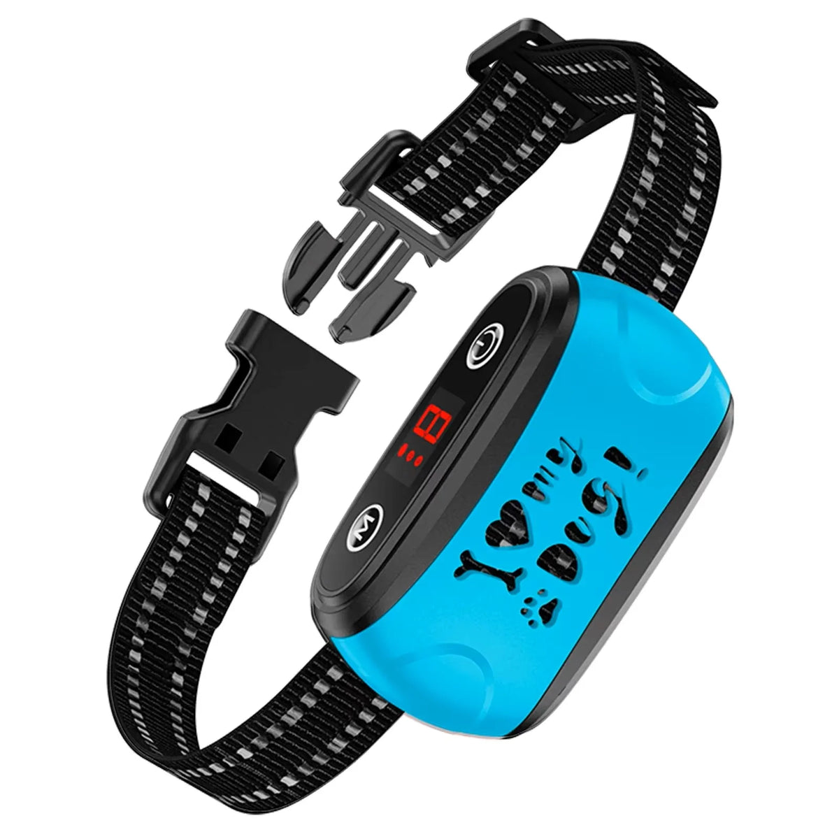 A blue USB rechargeable dog bark collar with a black strap and control buttons.