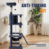 An anti-tipping kit for a multi-level cat tree with scratching posts and condo, featuring blue and white fabric.