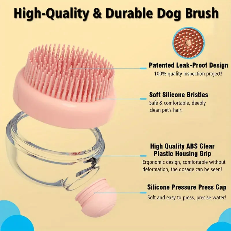 Pink silicone pet brush with bristles and clear plastic housing for cleaning pets' hair
