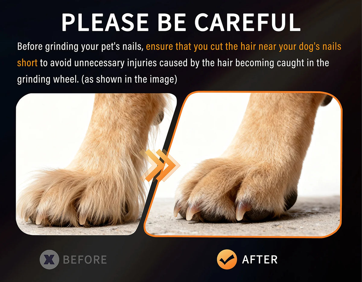 Before and after comparison showing proper hair trimming near dog nails for use with a 6-Speed Rechargeable Dog Nail Grinder