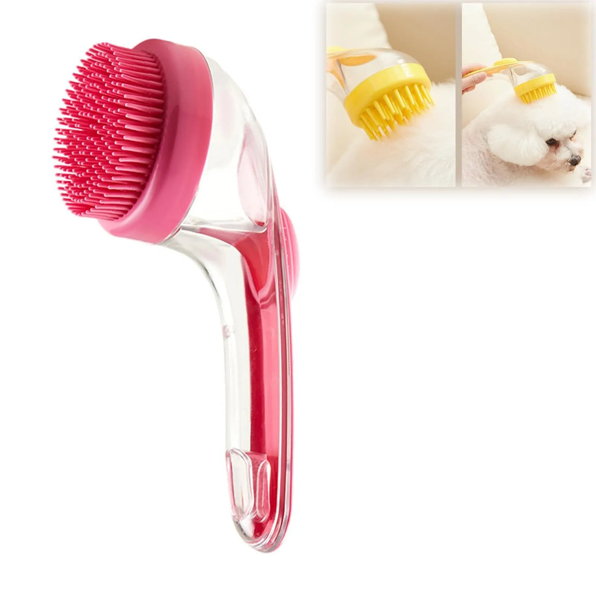 A pink silicone pet bath brush with a yellow shampoo dispenser shown next to a white dog.