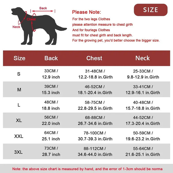 Size chart for a dog coat showing measurements for back chest and neck in various sizes S to 3XL