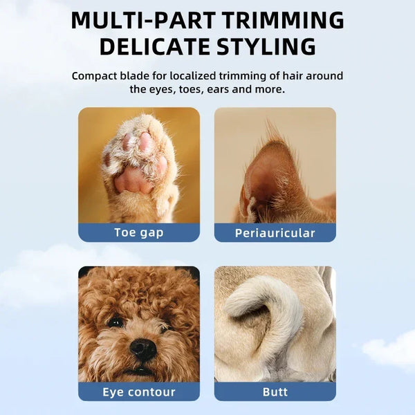 A multi-part trimming tool used for detailed grooming of pet hair around the eyes, toes, ears, and butt.
