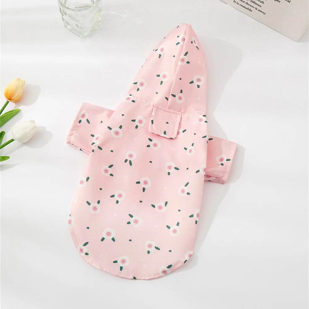 Pink cartoon printed dog raincoat for small breeds with a pocket